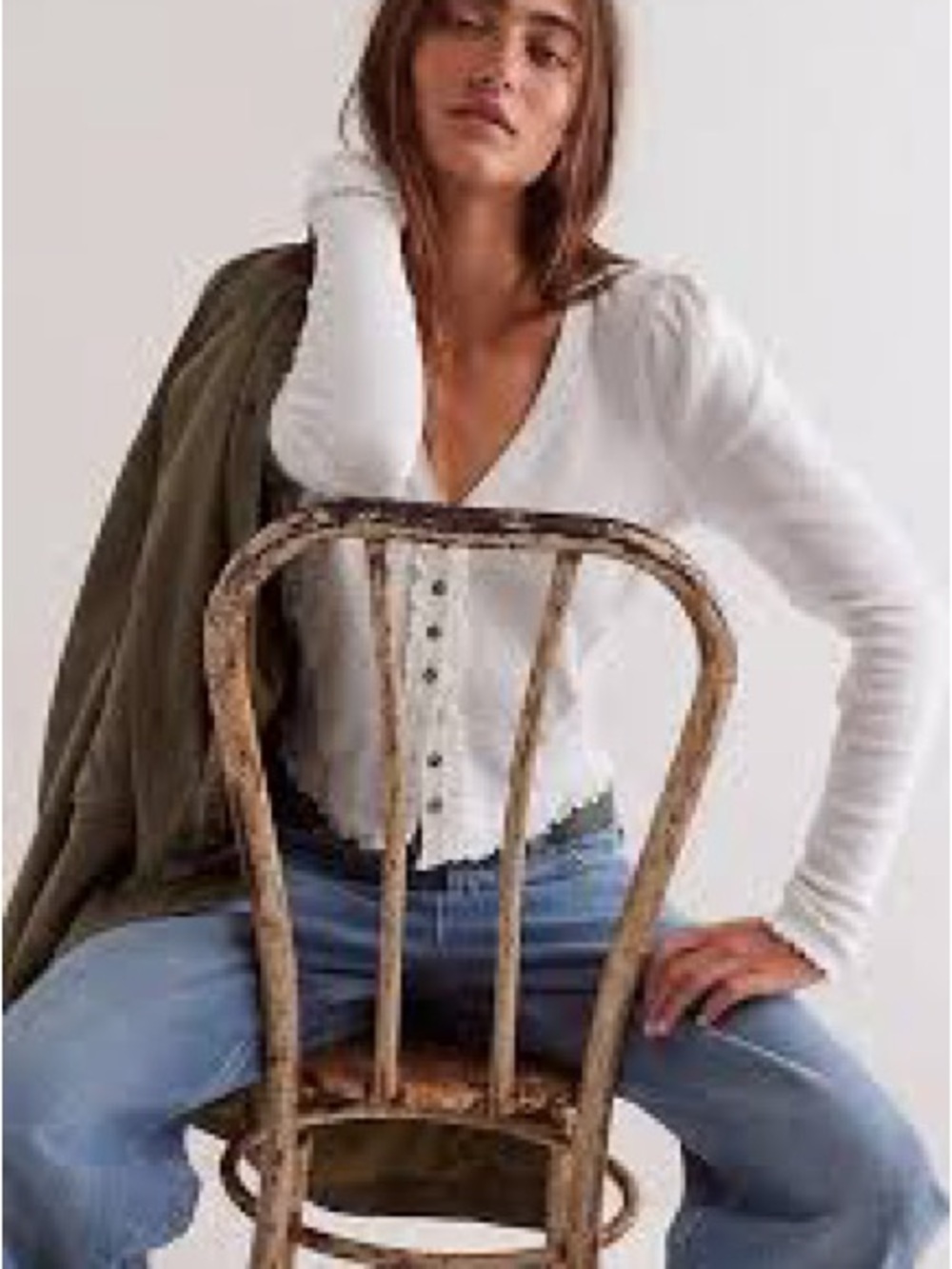 We The Free White Button-Front Long Sleeve V-Neck Top with Puff Shoulders